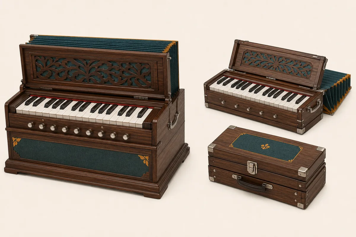 Comparison illustration of a larger cabinet harmonium and a compact folding harmonium
