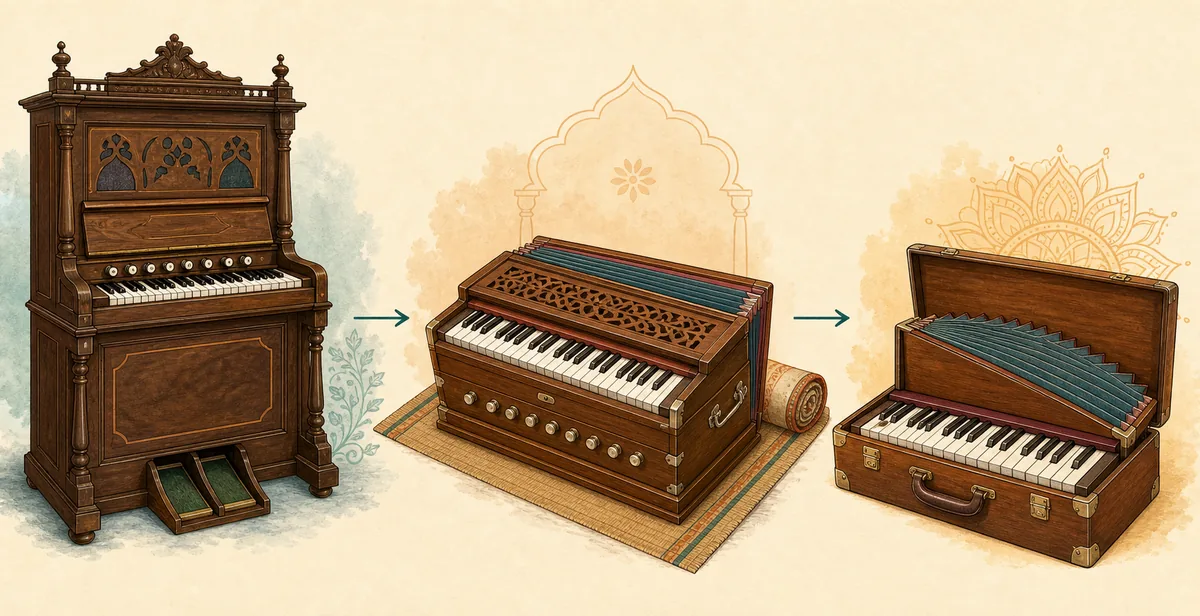 Editorial timeline showing a cabinet harmonium, Indian portable harmonium, and folding harmonium