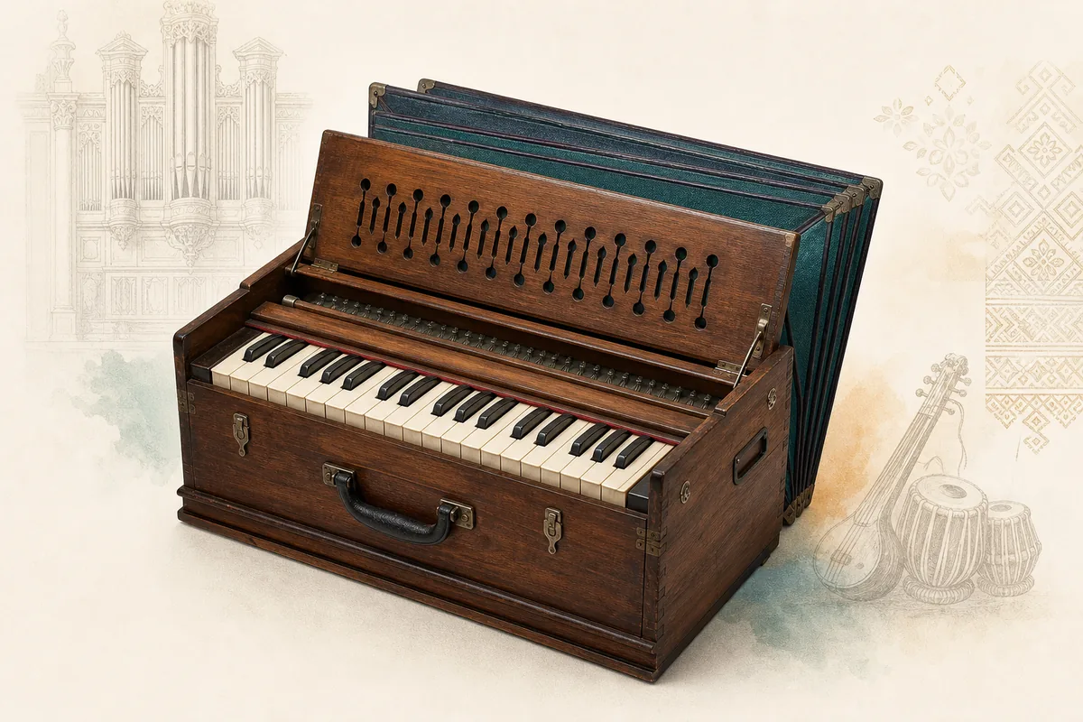 Open wooden folding harmonium with European organ and Indian music motifs