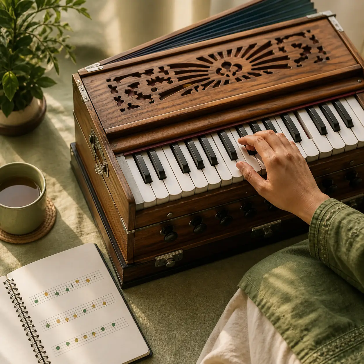 Pessoa praticando em um harmônio de madeira ao lado de um caderno de melodia