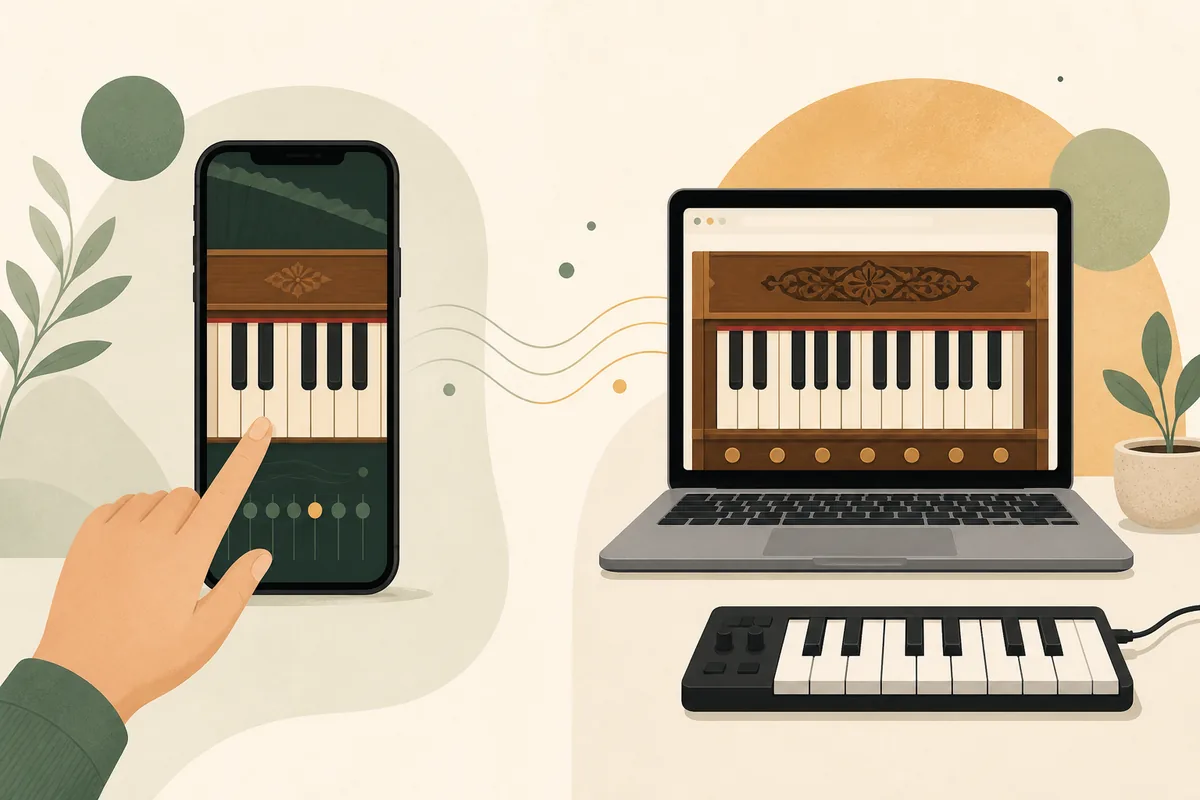 Illustrazione comparativa di un'app per harmonium sul telefono, un harmonium nel browser e una tastiera MIDI