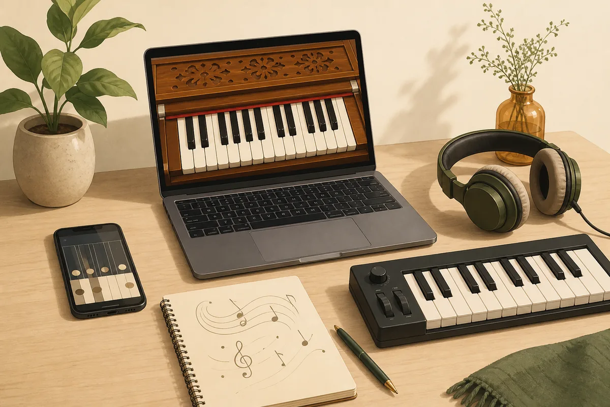 Illustrazione editoriale di laptop, telefono, cuffie e tastiera MIDI per esercitarsi con l'harmonium