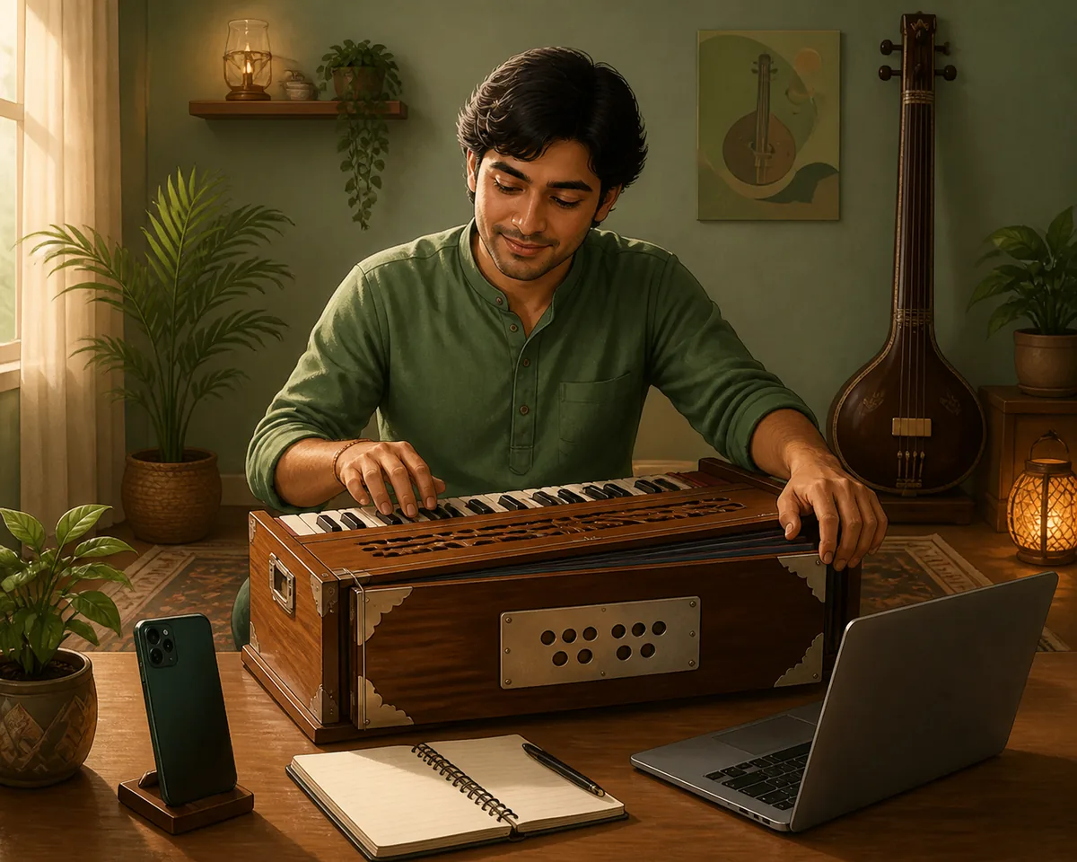 Illustrazione editoriale di una persona che confronta un harmonium fisico, un telefono e un laptop