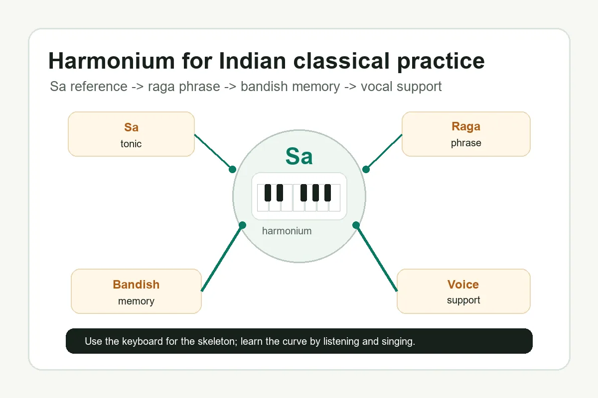 Diagrama com Sa, pratica de raga, bandish e acompanhamento vocal no harmonium