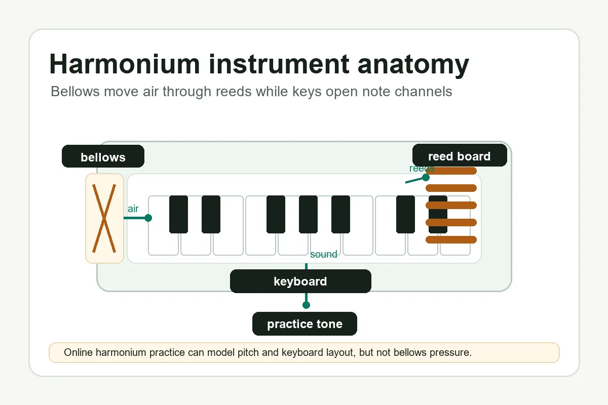 Diagramma dell'harmonium con mantici, tastiera, ance e flusso d'aria