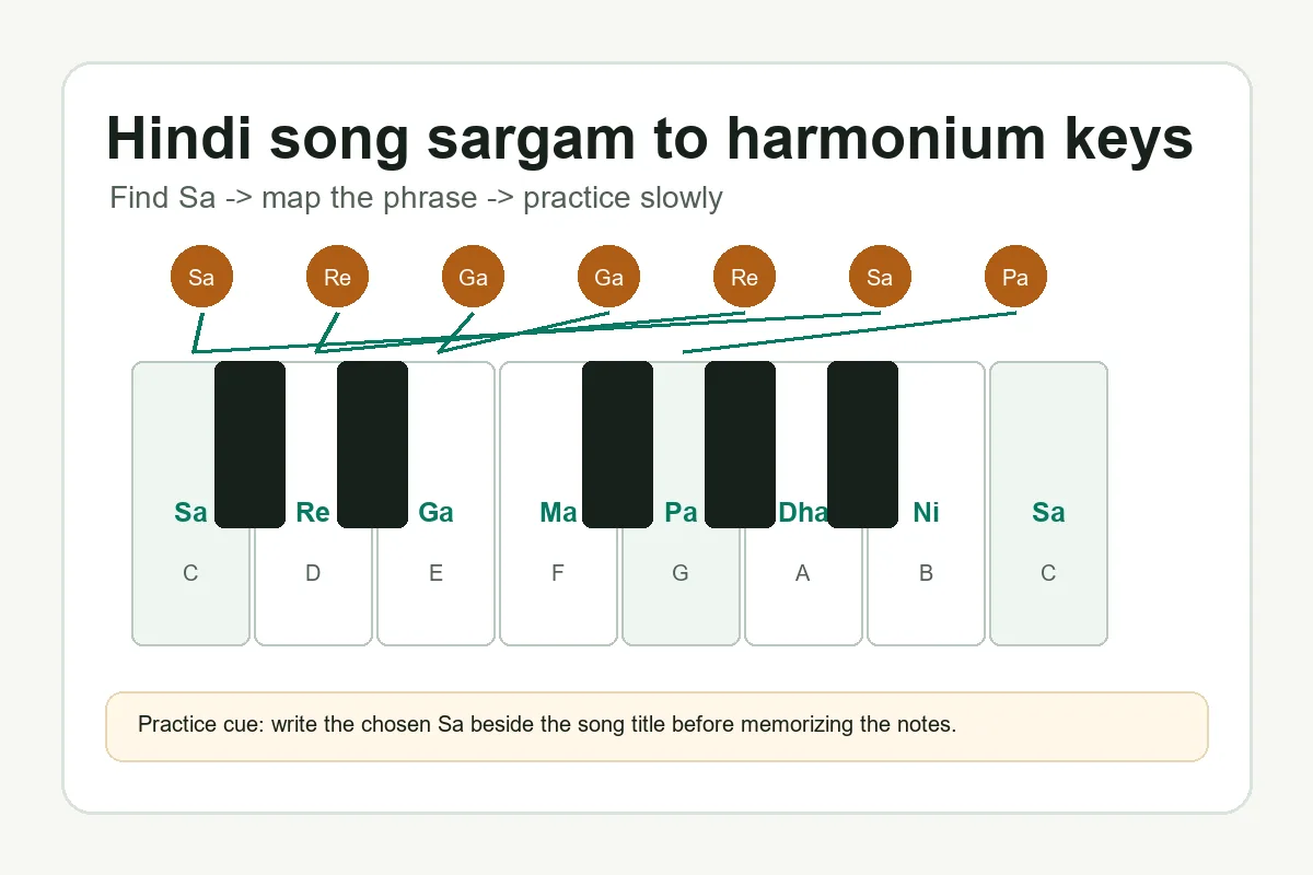 ヒンディー歌曲のサルガム音符を鍵盤位置に対応させたハーモニウム