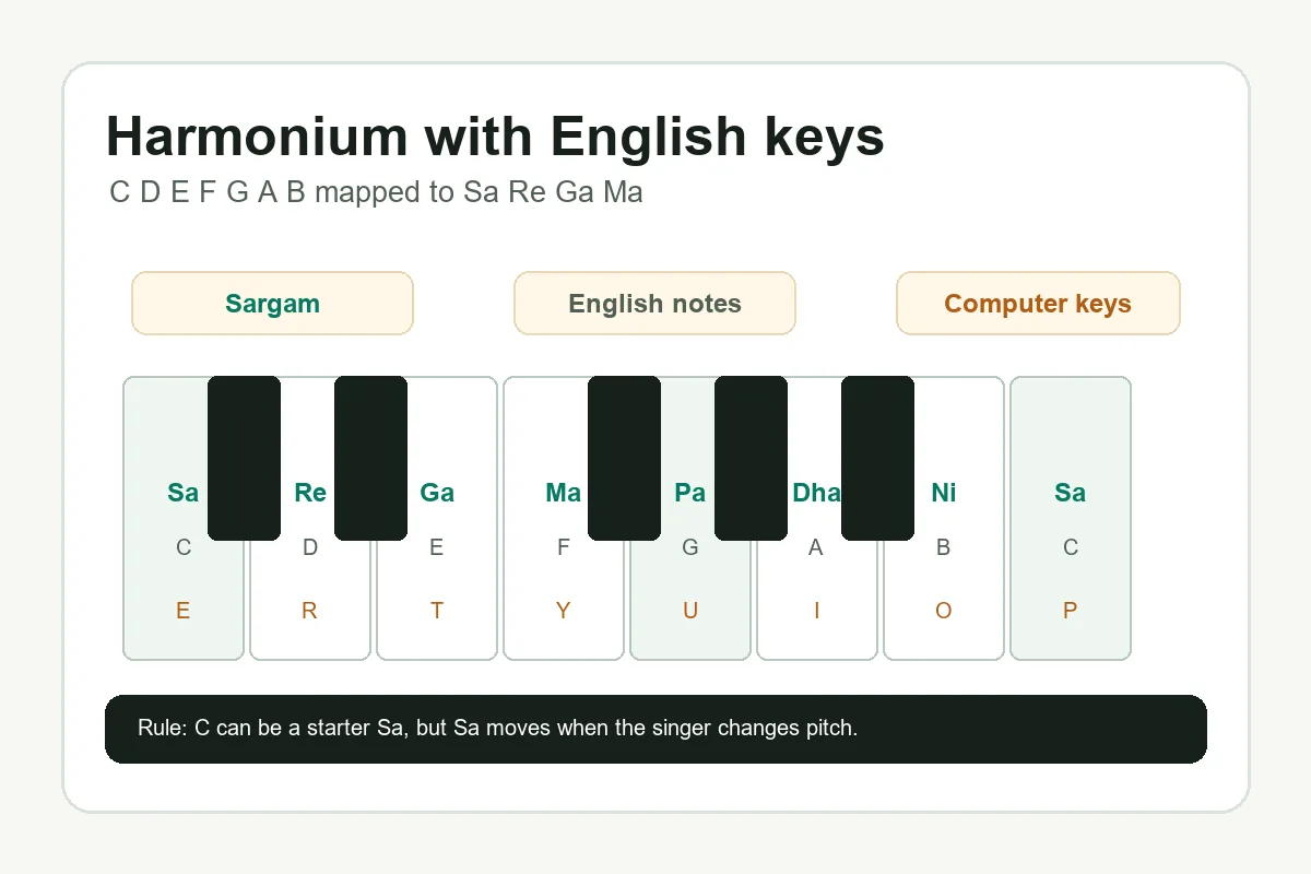 Diagrama de teclado de armonio que mapea C D E F G A B con Sa Re Ga Ma Pa Dha Ni