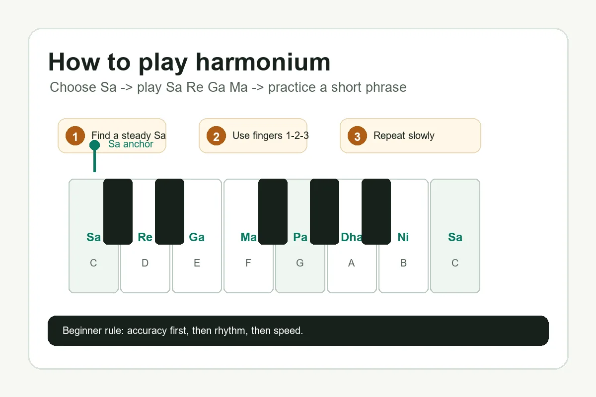 Harmonium-Anfängerlektion mit Sa Re Ga Ma und langsamer Übung