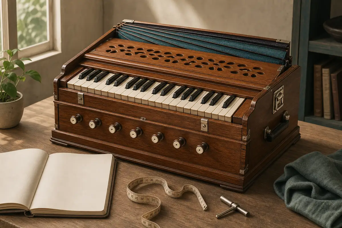 Editorial inspection scene with a harmonium, bellows, keys, stops, measuring tape, and tuning tool