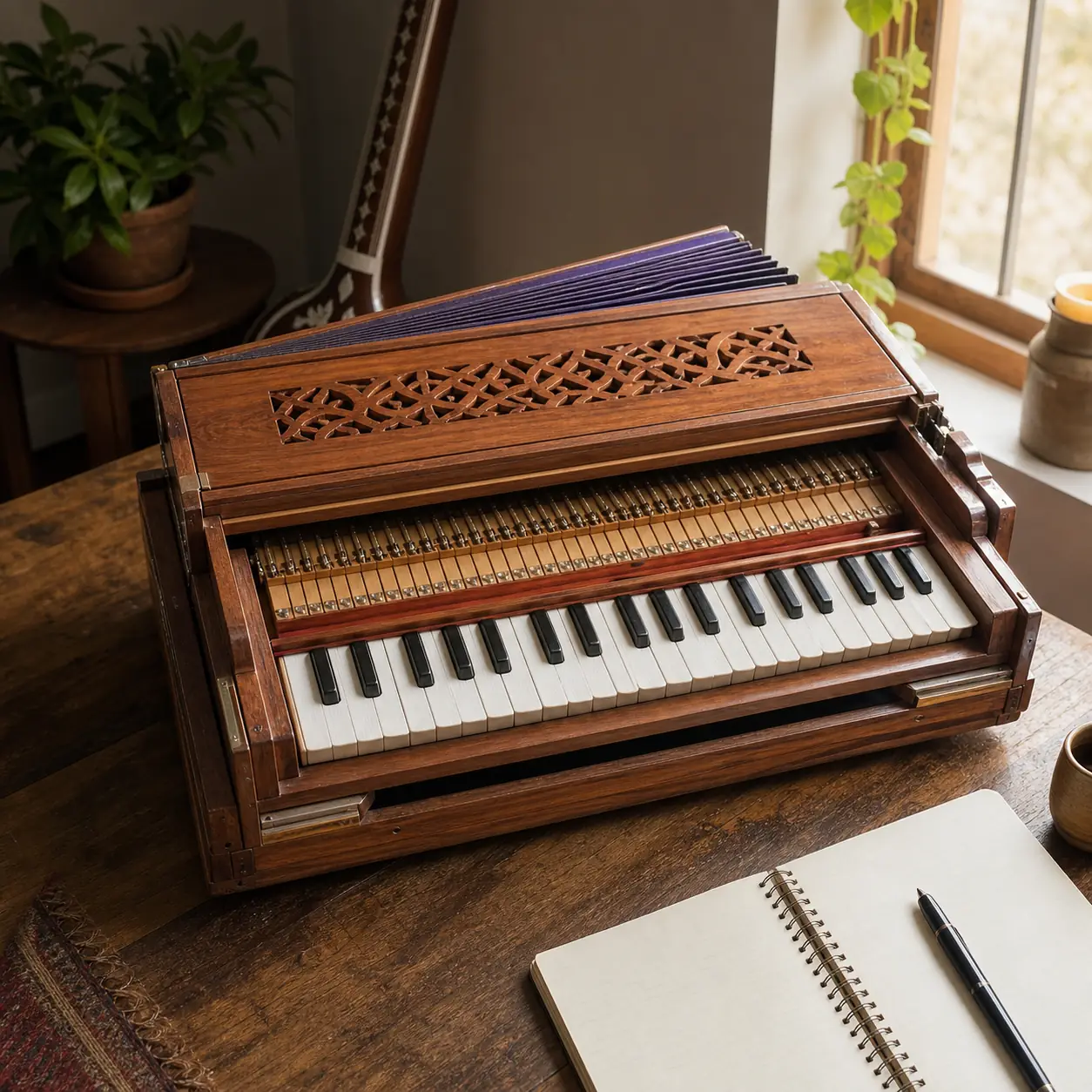 Editorial illustration of a portable scale changer harmonium with a movable keyboard mechanism