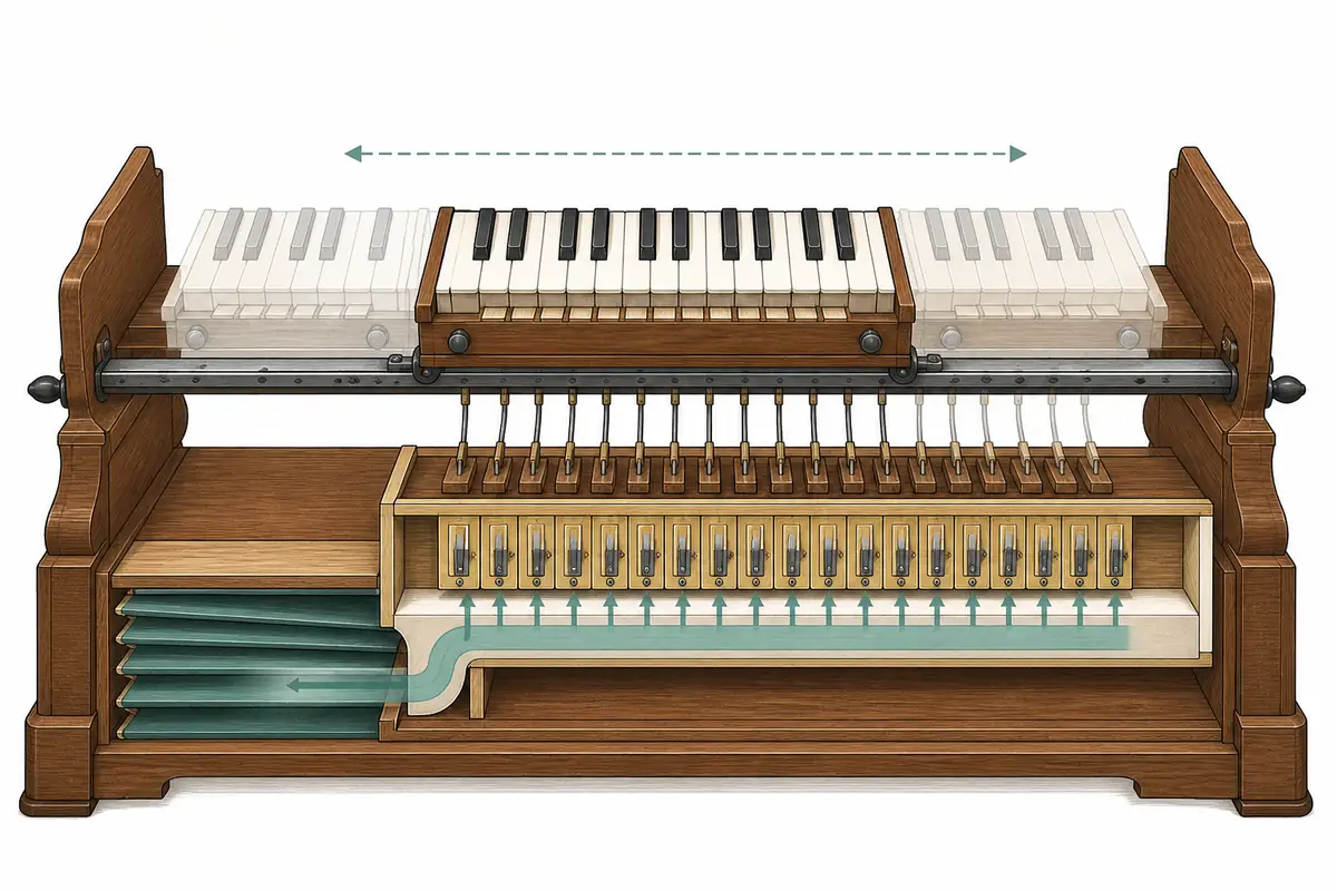 Editorial cutaway illustration showing a harmonium keyboard carriage shifting along a rail