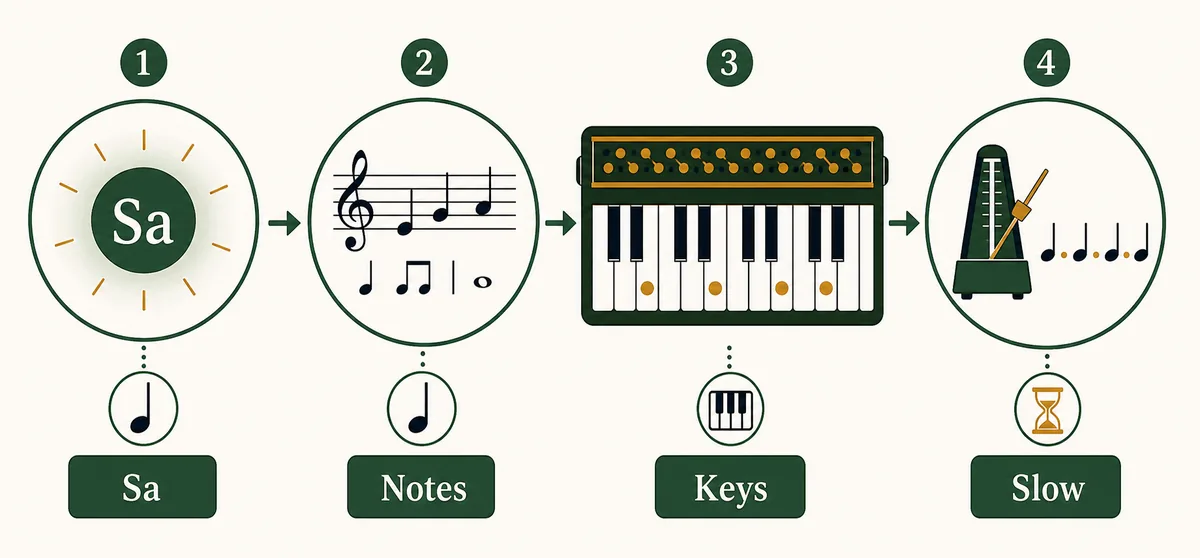 Four-step flow for choosing Sa, reading notes, mapping keys, and practicing slowly